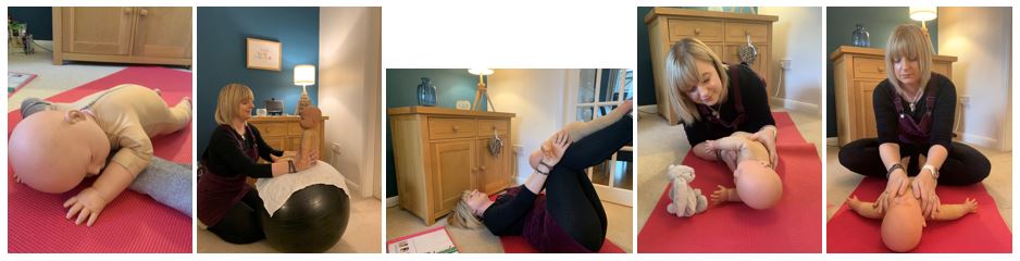 A photo of a massage doll doing tummy time with an adult