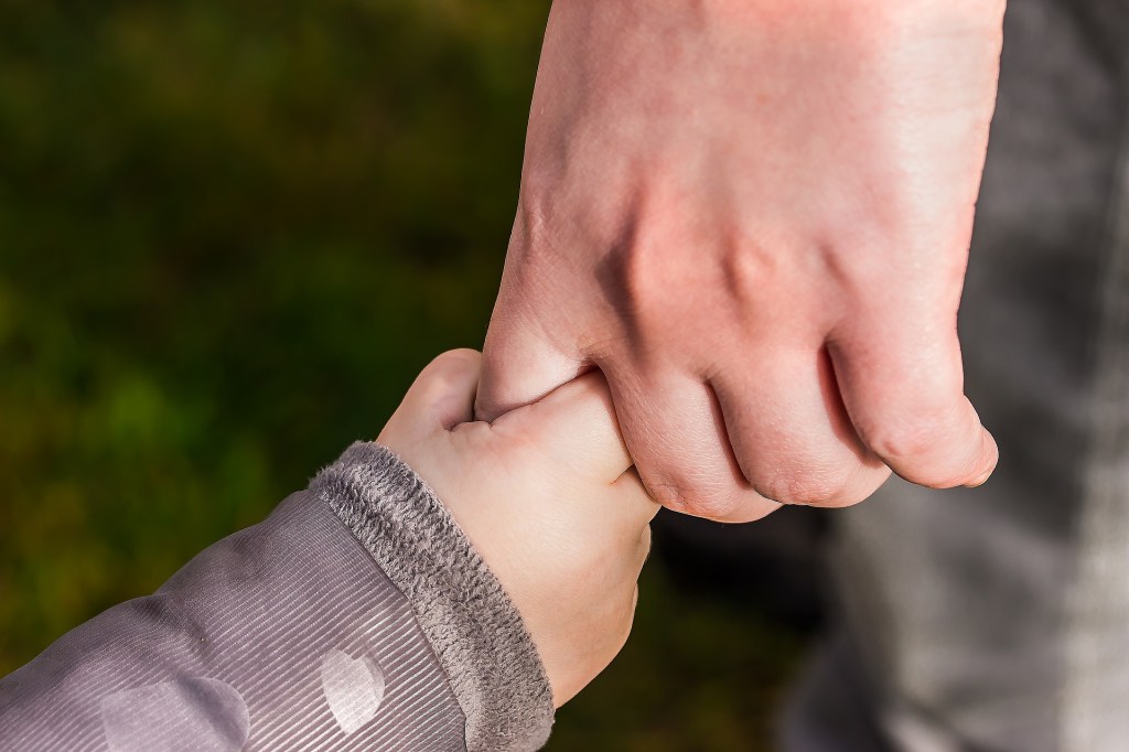 A adult and child’s hands holding each other